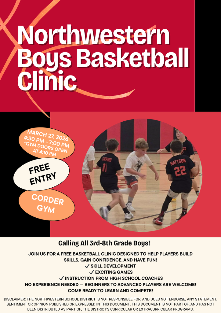 Basketball clinic for 3rd-8th graders on March 27th.