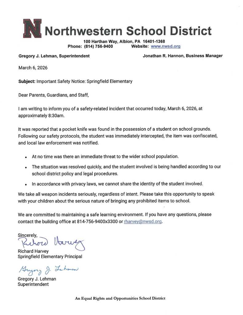 Letter describing an incident at school today.