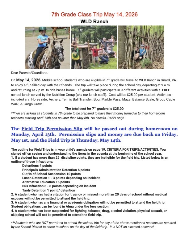 7th Grade Field Trip Overview