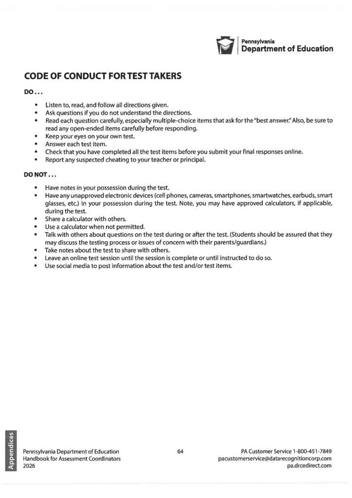Code of Conduct for test takers of the PSSAs.