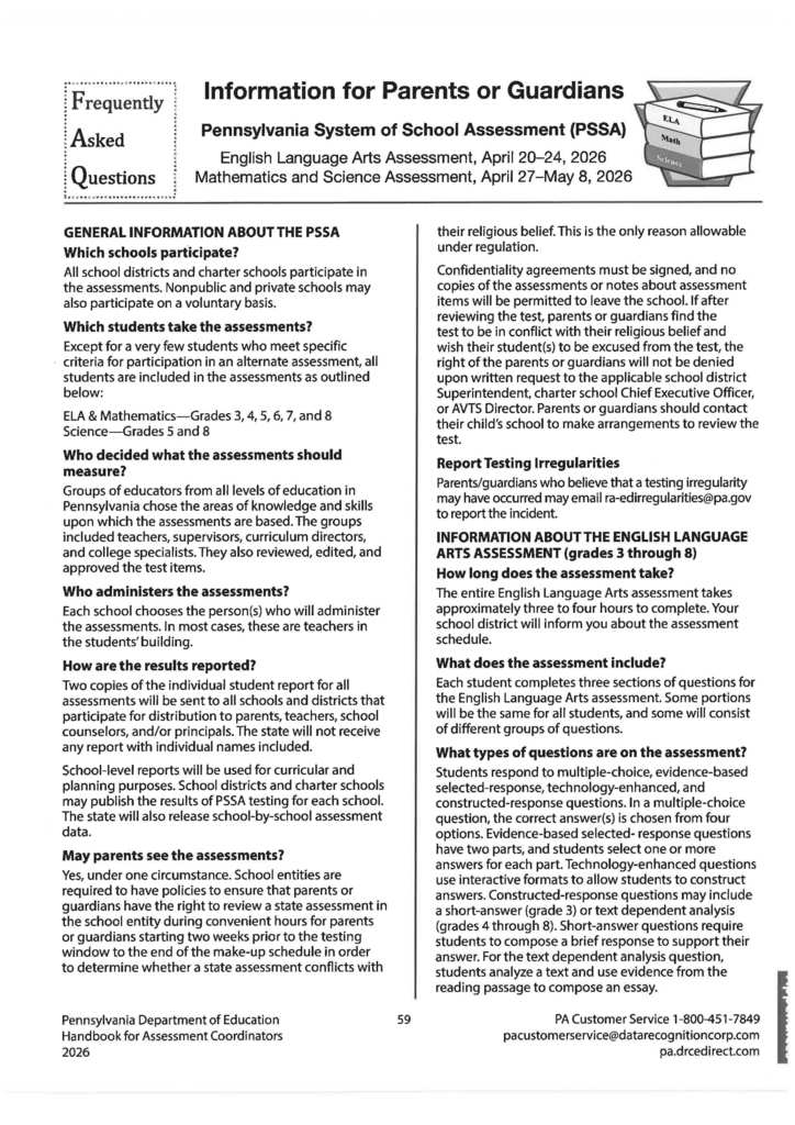 Frequently asked questions regarding the PSSAs.