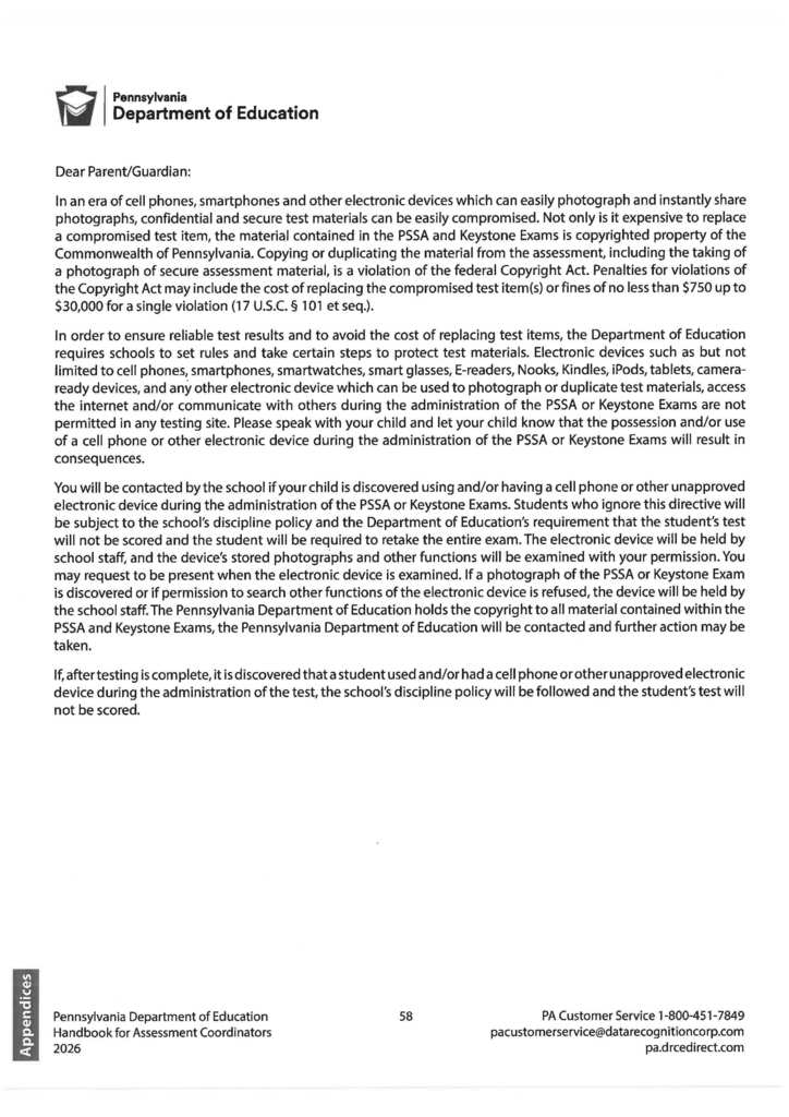 Letter to Parents or Guardians regarding electronic device and copyright policy of PSSAs.