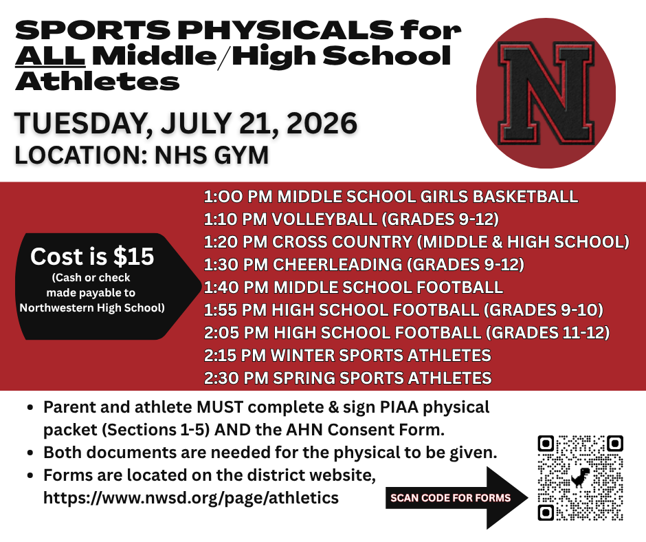 Sports Physicals July 16, 2026 beginning at 1pm in the High School Gym