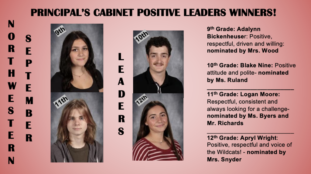 Principal's Cabinet Winners Adalynn Bickenheuse, Blake Nine, Logan Moore, Apryl Wright