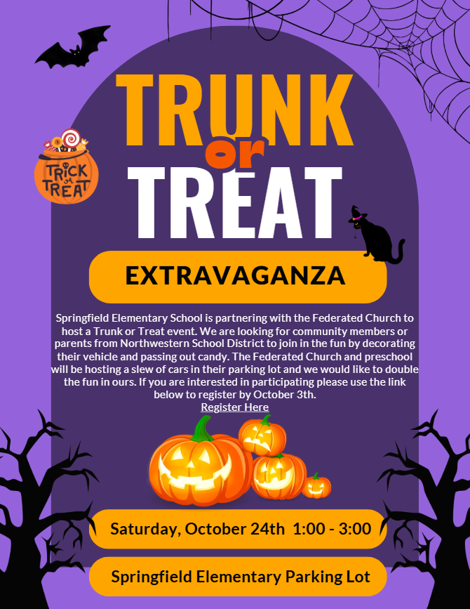 Trunk or Treat October 24 from 1-3pm at Springfield Elementary