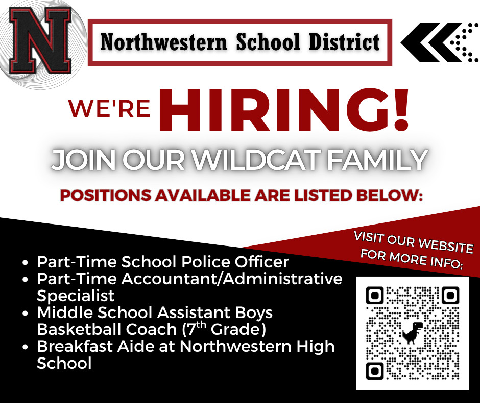 We're Hiring P/T School Police Officer P/T Accountant Middle School Assistant Boys Basketball Coach Breakfast Aide