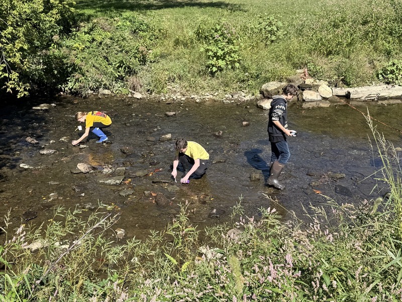 Middle school students exploring creek at Albion Boro Park