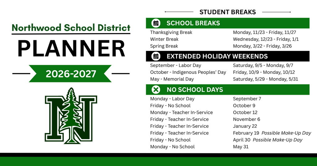 Northwood Student Break Planner 26-27