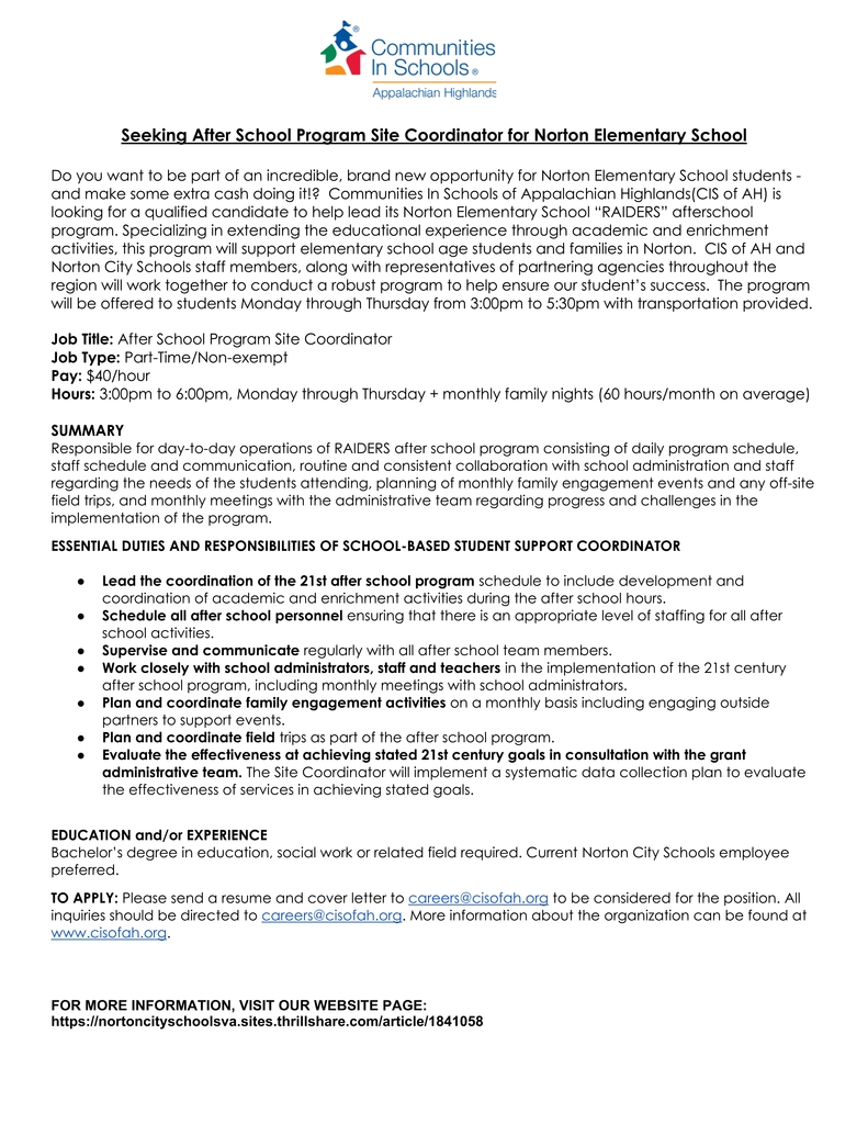 CIS-AH job posting for Program site coordinator