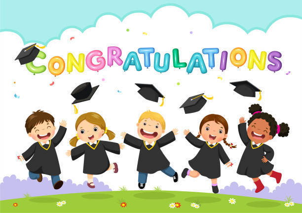 cartoon kids with graduation caps 