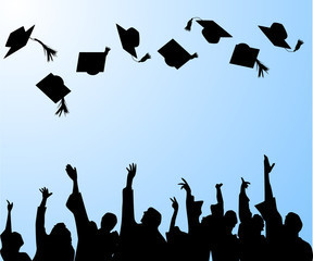 silhouettes of graduates throwing hats in the air. 