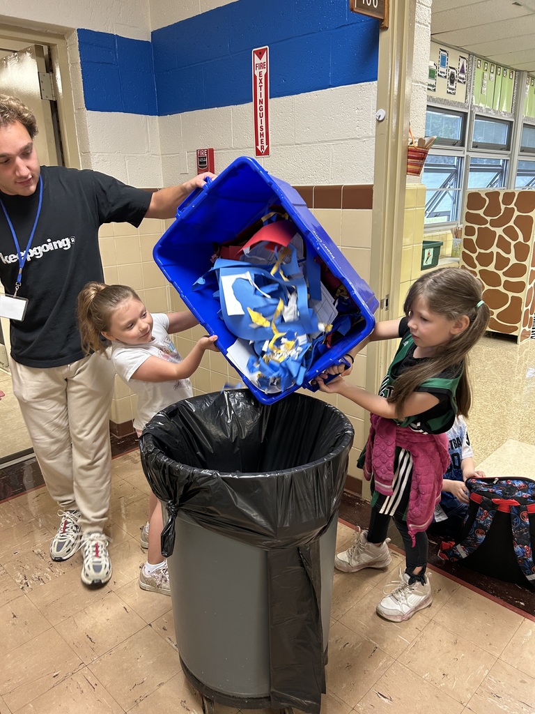 Maplehurst first grade students from Mrs. Smarr and Mrs. Enderle’s class are the leaders this week. Students are greeting their peers at the doors this week, doing the announcements and today they collected recycling with the high school TLC students. 