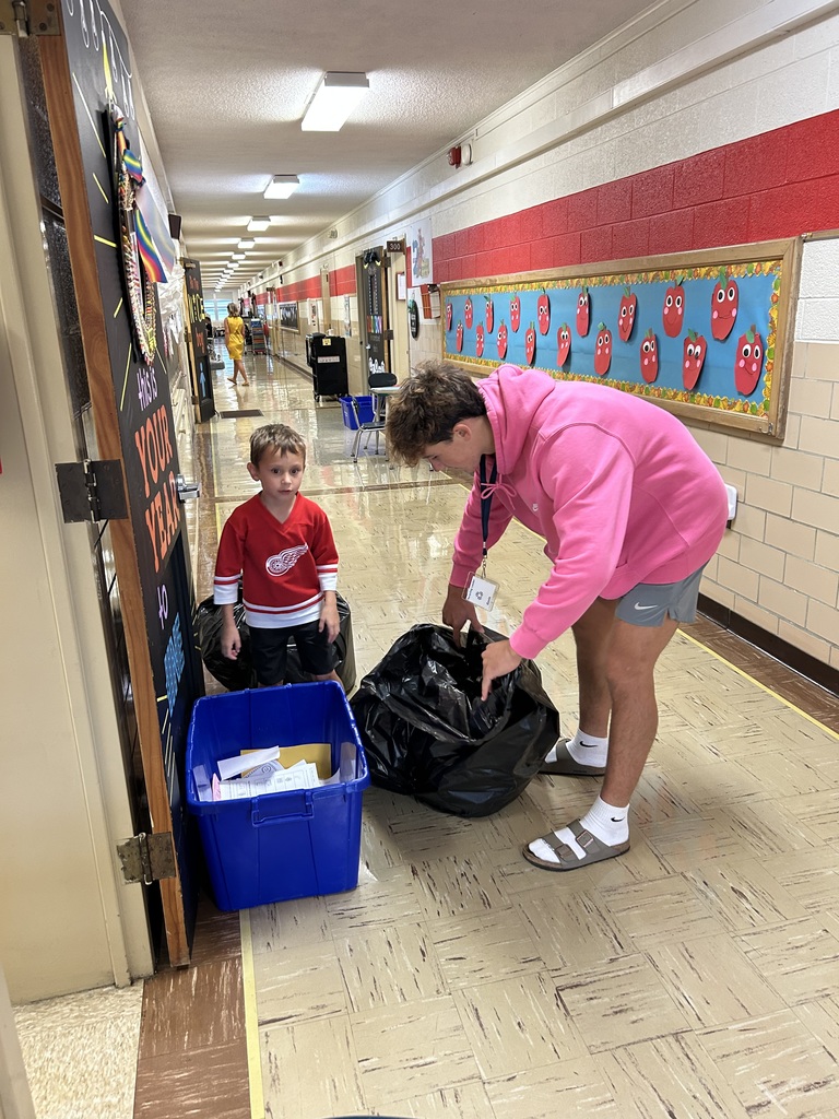 Maplehurst first grade students from Mrs. Smarr and Mrs. Enderle’s class are the leaders this week. Students are greeting their peers at the doors this week, doing the announcements and today they collected recycling with the high school TLC students. 