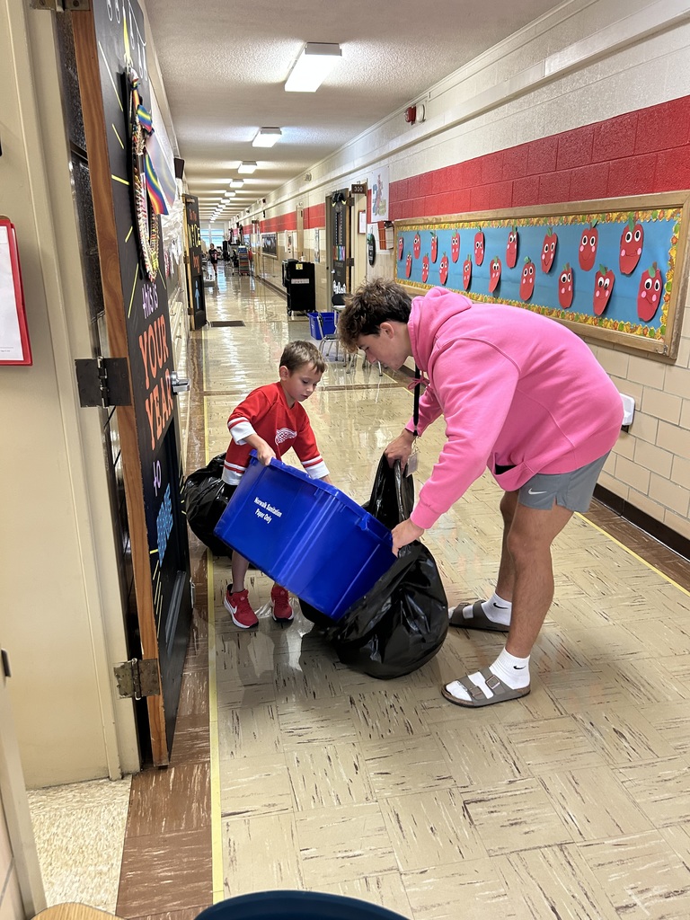 Maplehurst first grade students from Mrs. Smarr and Mrs. Enderle’s class are the leaders this week. Students are greeting their peers at the doors this week, doing the announcements and today they collected recycling with the high school TLC students. 
