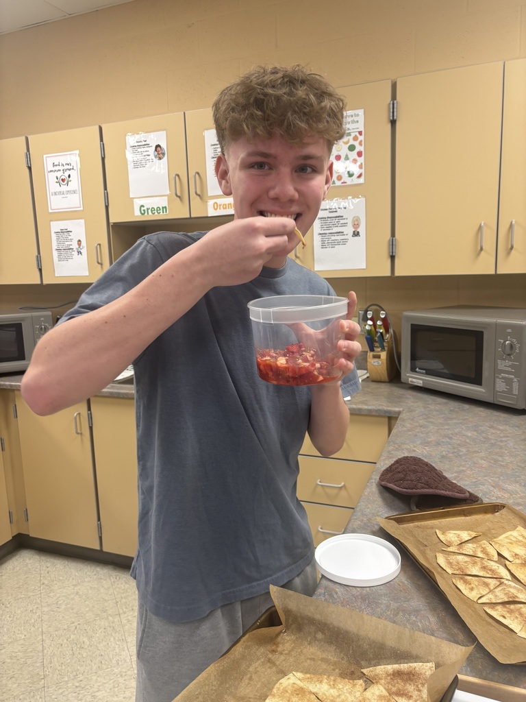 Students in Mrs. Schlotterers foods classes practiced knife skills on play-dough. Afterwards, they put their knife skills to the test by cutting fruit for fruit salsa and they also made cinnamon tortilla chips.