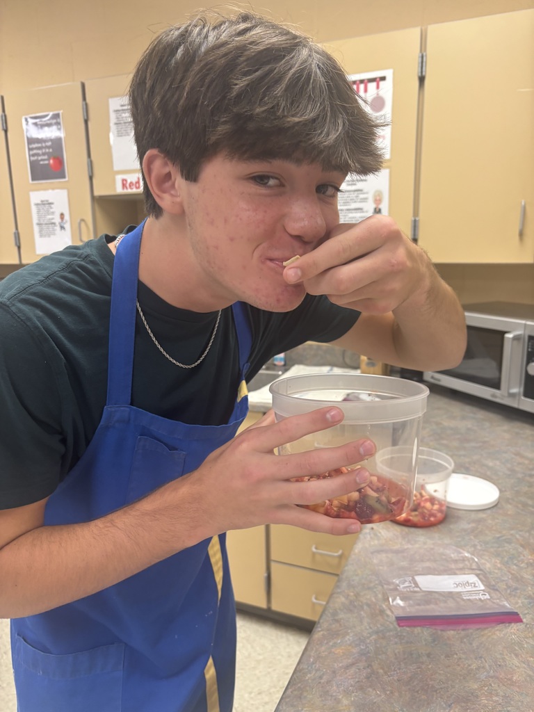 Students in Mrs. Schlotterers foods classes practiced knife skills on play-dough. Afterwards, they put their knife skills to the test by cutting fruit for fruit salsa and they also made cinnamon tortilla chips.
