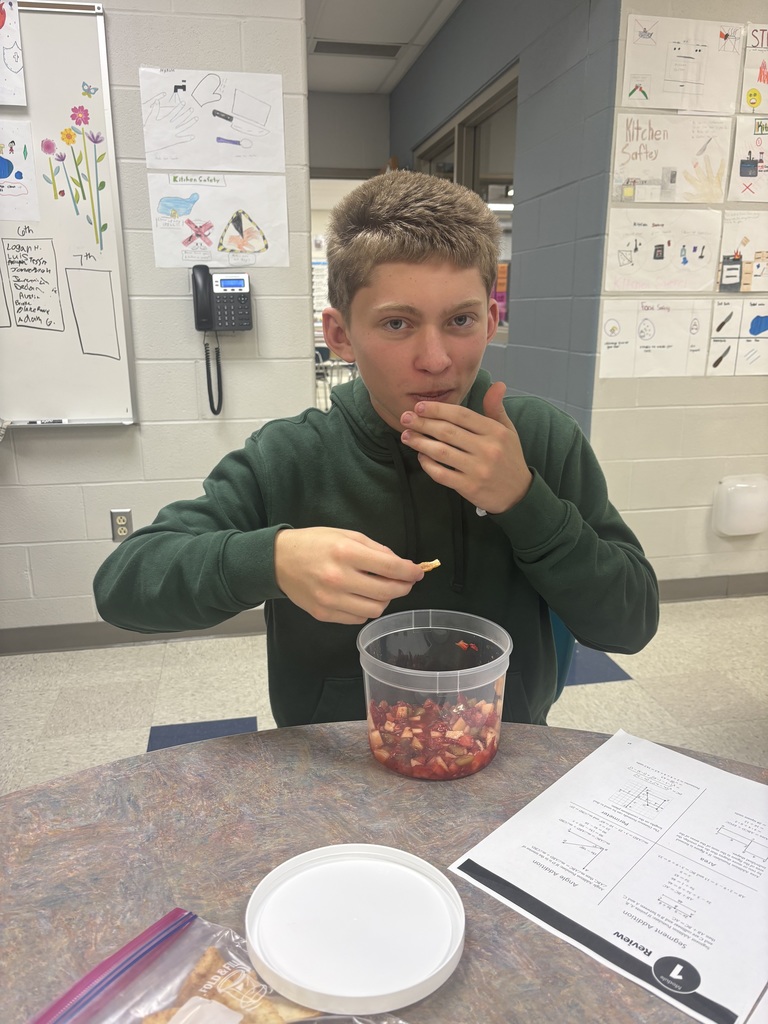 Students in Mrs. Schlotterers foods classes practiced knife skills on play-dough. Afterwards, they put their knife skills to the test by cutting fruit for fruit salsa and they also made cinnamon tortilla chips.