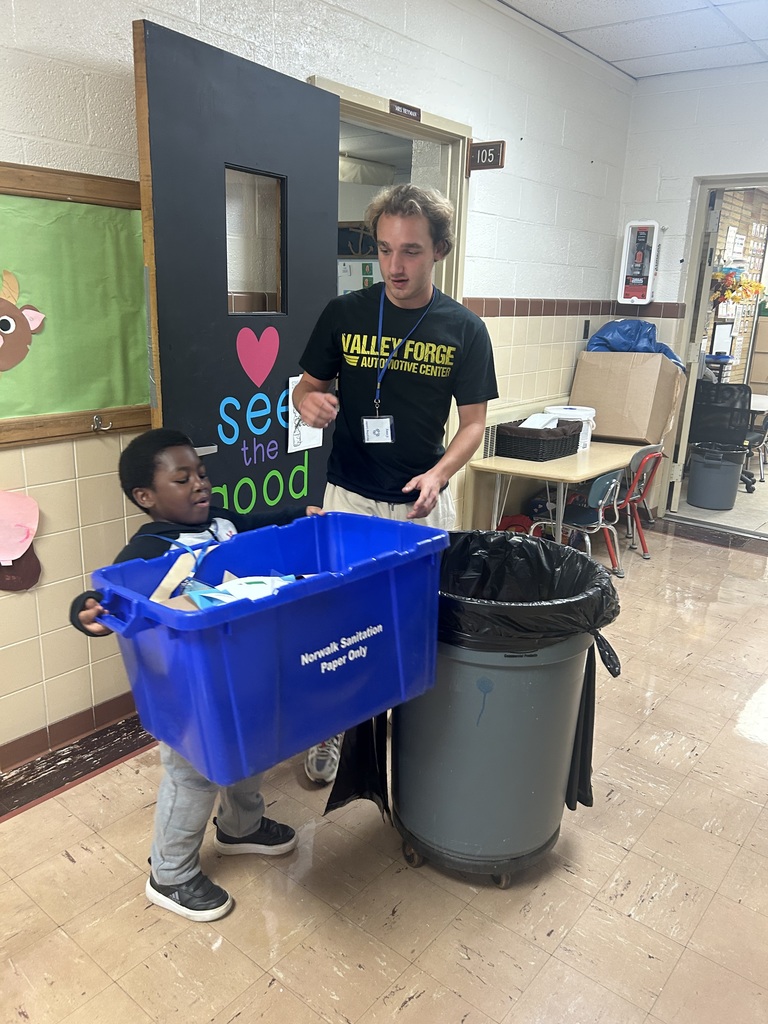 Maplehurst students from Mrs. Hillmans class get to lead the school this week. Helping with the announcements are Kaylee Peterson and Morrison Moore. High school TLC students Xavi, Casey and Gavin assisted first grade students Georgia Thomas, Hobert Williams and Temajae Stevens with collecting the recycling today.