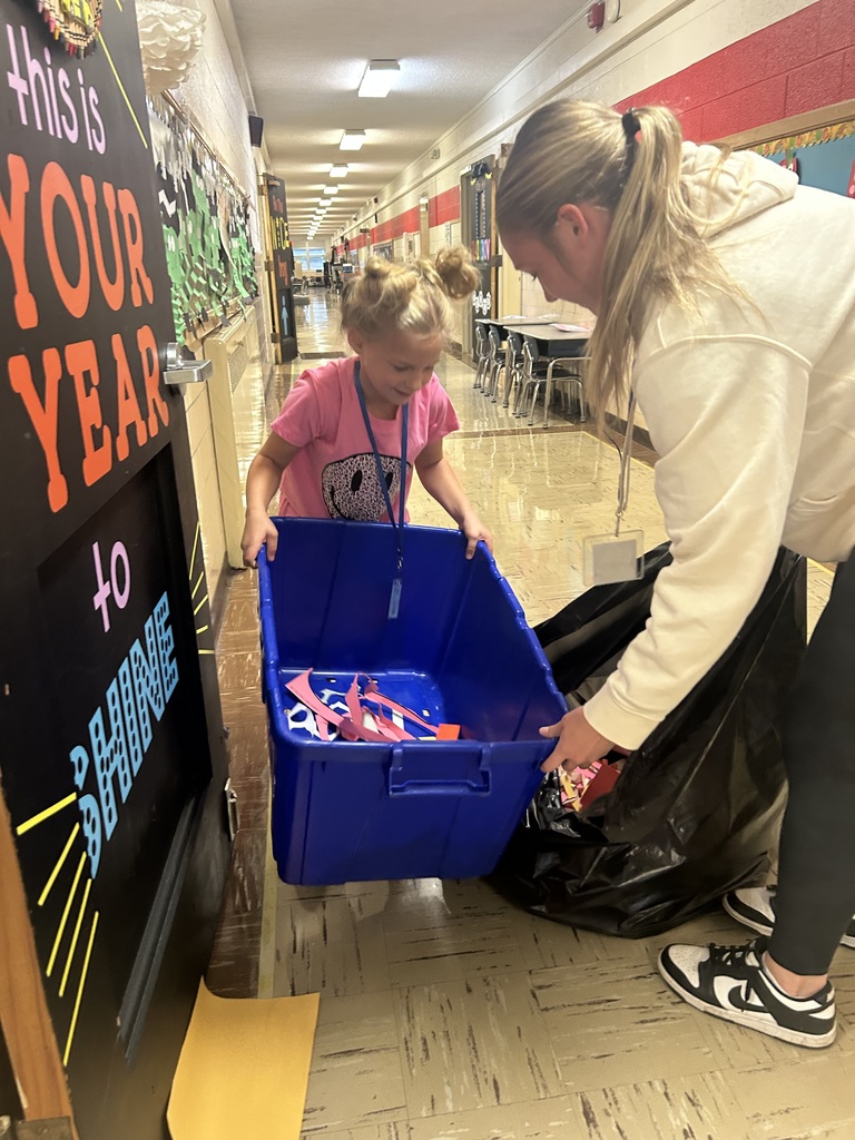 Maplehurst students from Mrs. Hillmans class get to lead the school this week. Helping with the announcements are Kaylee Peterson and Morrison Moore. High school TLC students Xavi, Casey and Gavin assisted first grade students Georgia Thomas, Hobert Williams and Temajae Stevens with collecting the recycling today.