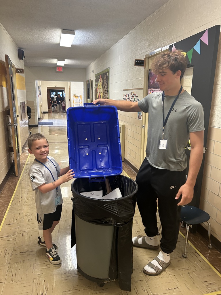 Maplehurst students from Mrs. Hillmans class get to lead the school this week. Helping with the announcements are Kaylee Peterson and Morrison Moore. High school TLC students Xavi, Casey and Gavin assisted first grade students Georgia Thomas, Hobert Williams and Temajae Stevens with collecting the recycling today.
