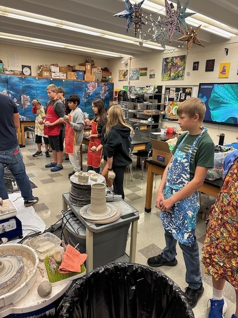 Monday Oct 13, Mr. Steingass a professional pottery artist came with grant money to demonstrate how to use the pottery wheel and give kids a chance to use them. We now have a permanent one in the Middle School as well!