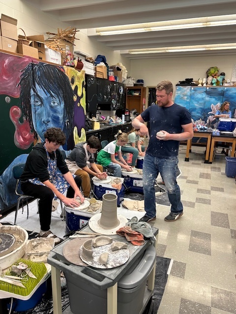 Monday Oct 13, Mr. Steingass a professional pottery artist came with grant money to demonstrate how to use the pottery wheel and give kids a chance to use them. We now have a permanent one in the Middle School as well!