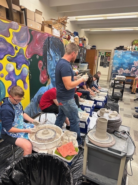Monday Oct 13, Mr. Steingass a professional pottery artist came with grant money to demonstrate how to use the pottery wheel and give kids a chance to use them. We now have a permanent one in the Middle School as well!