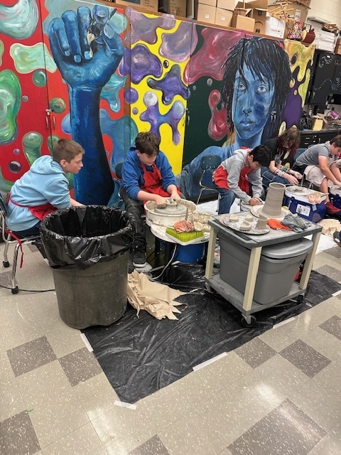 Monday Oct 13, Mr. Steingass a professional pottery artist came with grant money to demonstrate how to use the pottery wheel and give kids a chance to use them. We now have a permanent one in the Middle School as well!