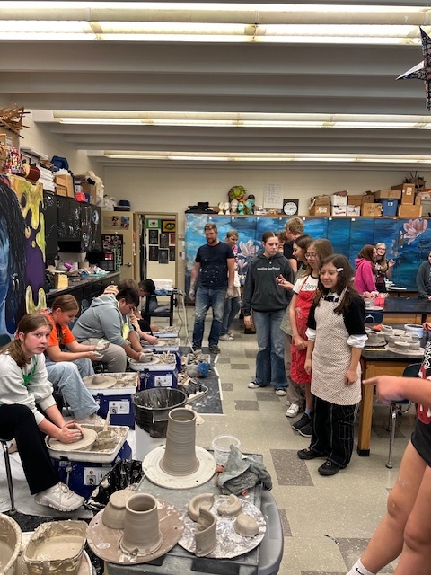 Monday Oct 13, Mr. Steingass a professional pottery artist came with grant money to demonstrate how to use the pottery wheel and give kids a chance to use them. We now have a permanent one in the Middle School as well!