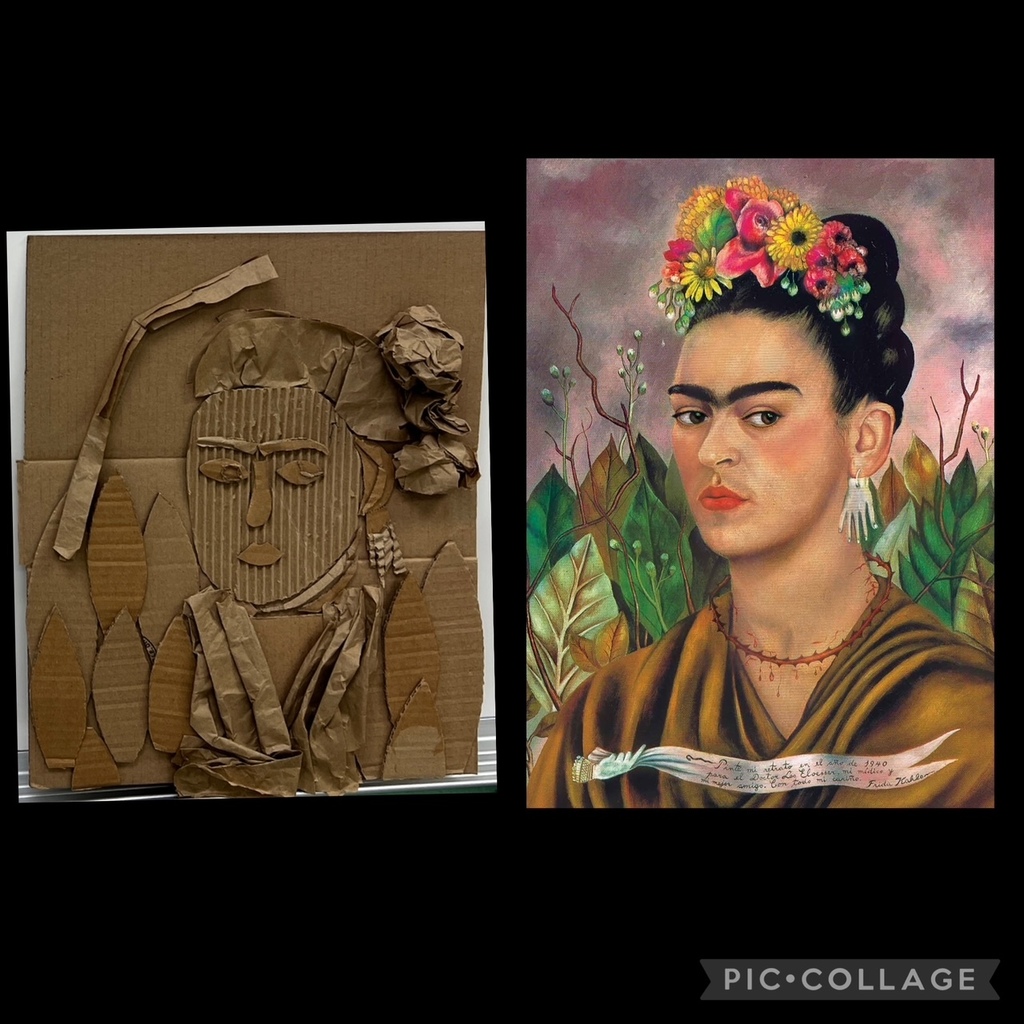 For Hispanic Heritage Month (Sept. 15- Oct. 15), students researched a hispanic artist and created a portrait of them, or recreated one of their works of art, using cardboard!   Other classes learned the history of alebrijes- spirit animals- and created their very own alebrije using paper mache.