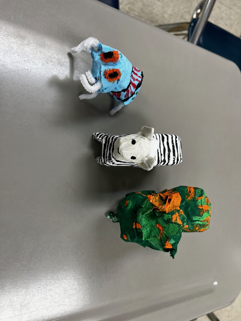 For Hispanic Heritage Month (Sept. 15- Oct. 15), students researched a hispanic artist and created a portrait of them, or recreated one of their works of art, using cardboard!   Other classes learned the history of alebrijes- spirit animals- and created their very own alebrije using paper mache.