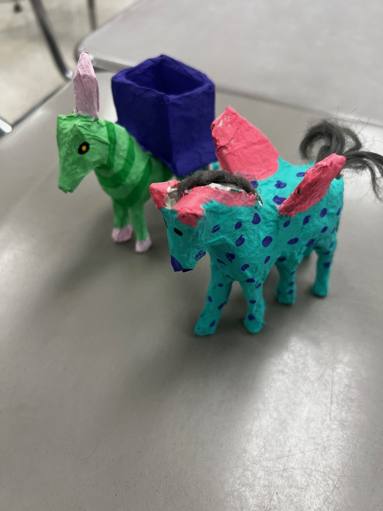 For Hispanic Heritage Month (Sept. 15- Oct. 15), students researched a hispanic artist and created a portrait of them, or recreated one of their works of art, using cardboard!   Other classes learned the history of alebrijes- spirit animals- and created their very own alebrije using paper mache.