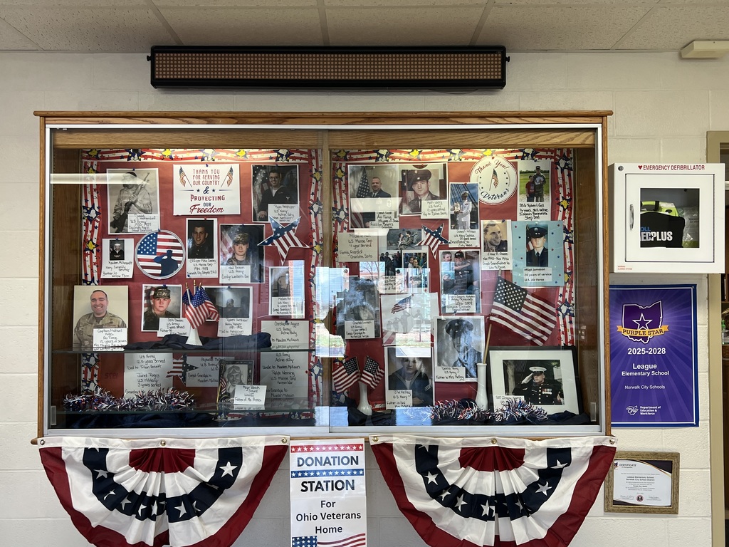 In honor of Veterans Day League Street school has created a Wall of Honor for our students whose family members are serving or have served in the armed forces. We are also doing a service project and collecting donations for the Sandusky Veterans home. They are in need of full size personal hygiene items like lotion, after shave, body wash, mouthwash, ladies hygiene items, cologne or perfume. They could also use new men's and women's clothing sizes L - 5X in shirts, sweatshirts, sweatpants, jackets, pajama pants or hoodies. Please feel free to send more photos or items for donations to League Street School. Thank You!!