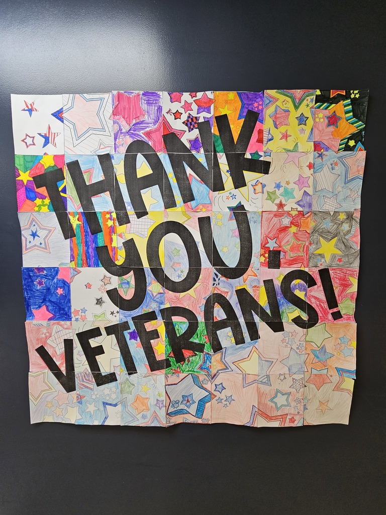 6th grade Tigers created a sign to thank Veterans for their service. Each had a unique piece to color and then they put the pieces together to make a giant poster!