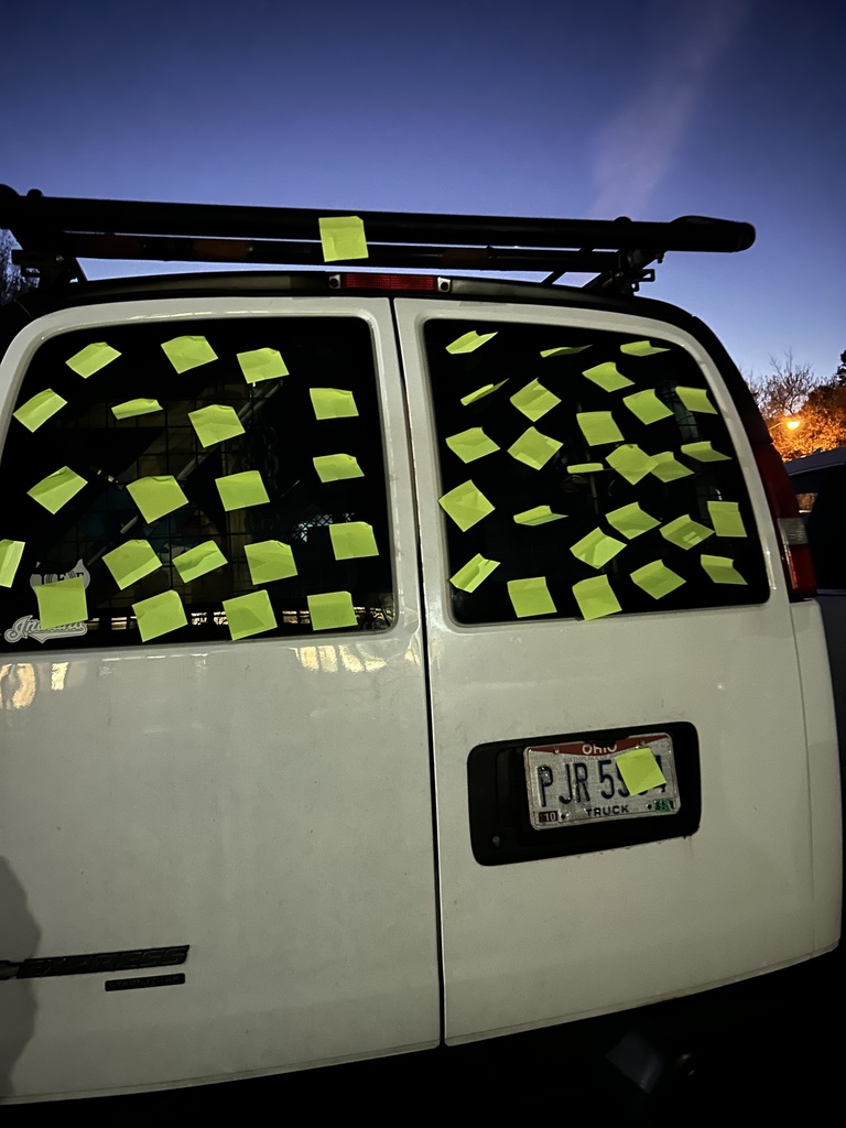 Maplehurst staff would like to thank all the parents who took the time to come for parent teacher conferences this week, we appreciate you. We would also like to thank Taqueria La Michoacana for providing the opportunity for staff and families to purchase dinner throughout the evening. Unfortunately for some, it appears there was a sticky note bandit who thought some vehicles could use a little more color.