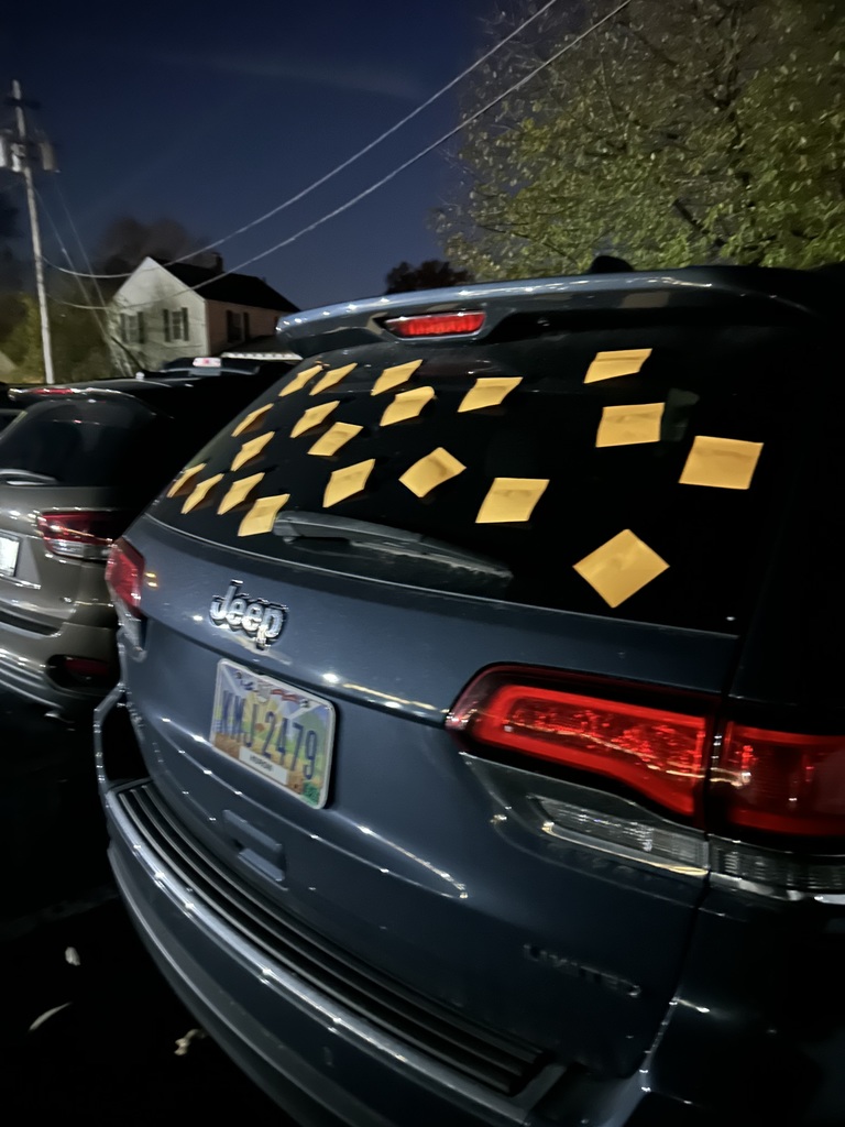 Maplehurst staff would like to thank all the parents who took the time to come for parent teacher conferences this week, we appreciate you. We would also like to thank Taqueria La Michoacana for providing the opportunity for staff and families to purchase dinner throughout the evening. Unfortunately for some, it appears there was a sticky note bandit who thought some vehicles could use a little more color.