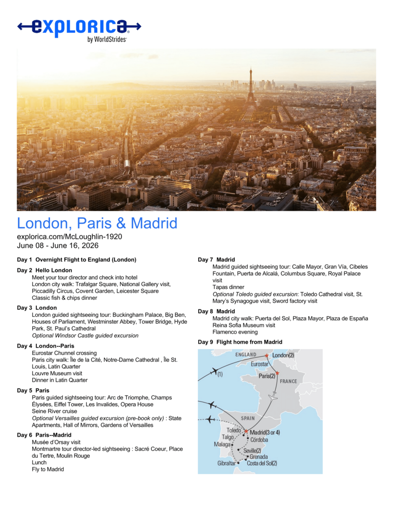 Norwalk High School is excited to offer an opportunity for students to travel to London, Paris, and Madrid this summer. The trip is from June 8th- June 16th, and the deadline to sign up is Wednesday, NOVEMBER 26th. Please see the attached flier for additional information on how to sign up, and contact Profe McLoughlin or Profe Johnstone with any questions! We have a $200 scholarship if you enter the code TRAVEL6H when you sign up before 11/26.