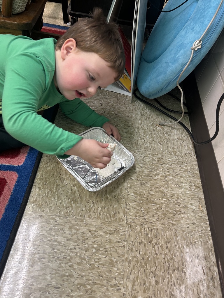 Preschool students from Mrs. Golden and Mrs.Lesch’s class had a guest visitor, Mrs.Jude, come to class and talk about dinosaurs. The first lesson a couple of weeks ago, the students learned the names of dinosaurs, what they ate and how big they really were. She brought  a life size paper foot of a T-Rex and the students each put one shoe inside the foot to see how many shoes it would take to fill it. Fridays lesson enabled them to be paleontologists, each student used a brush and toothpick to dig for dinosaur bones, each student excitedly and successfully found a dinosaur! Thank you to Mrs. Jude for a fun and educational experience. 
