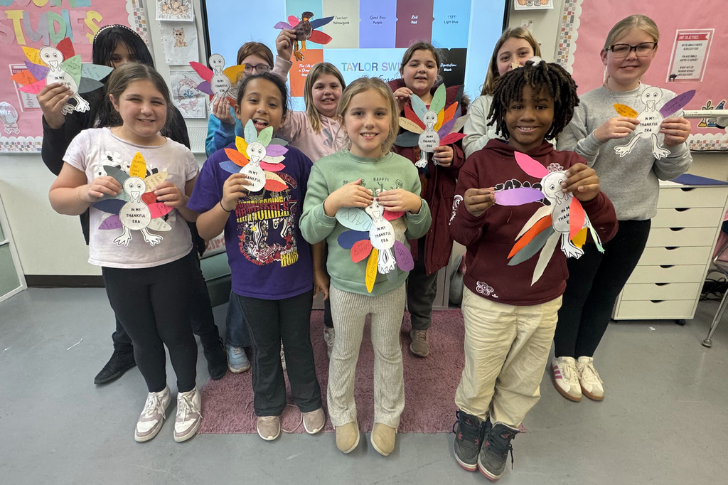 The Swiftie Club at Main Street school is in their "Thankful Era!"  During their November club meeting, students completed a "In My Thankful Era" turkey craft.  Each feather represented one of Taylor Swift's eras and they wrote what they were thankful for this holiday season.