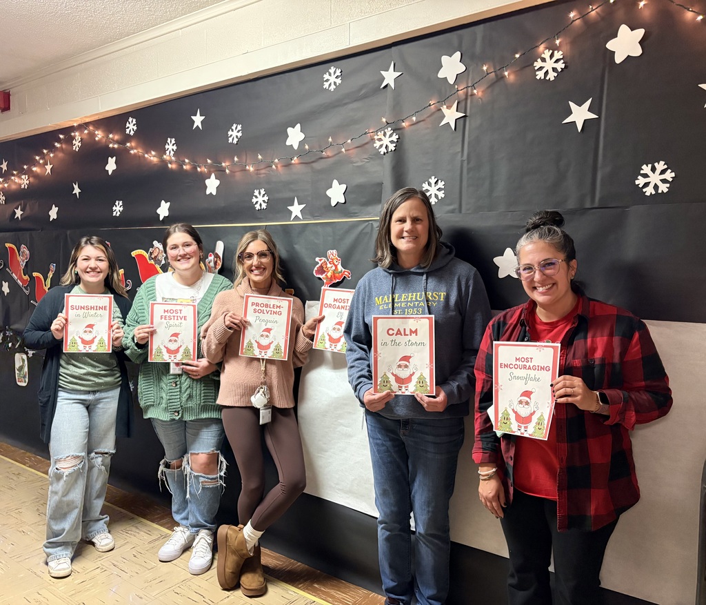 Maplehurst staff voted for Winter Wonderland Superlatives. The following teachers were their winners: Most Encouraging Snowflake: Mrs. Enderle ❄️ Calm in the Storm: Mrs. Smith ☃️ Most Organized Elf: Mrs. Steinwart 🧑🎄 Problem-Solving Penguin: Miss Krumlauf 🐧 Most Festive Spirit: Miss Kehr 🎄 Sunshine in Winter: Mrs. Smarr ☀️