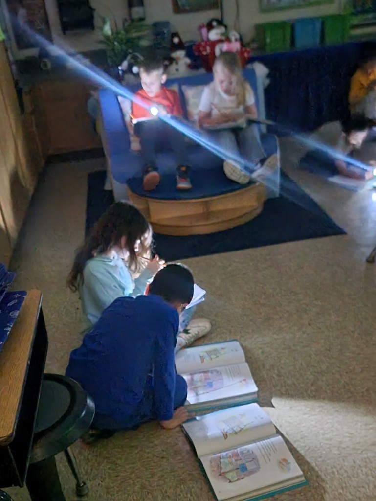 Students in Mrs. Kopfstein's 2nd grade class enjoyed reading, "Mr. Putter & Tabby See the Stars" under the stars in their classroom. They used flashlights as they read and completed a sequencing paper. So much fun!