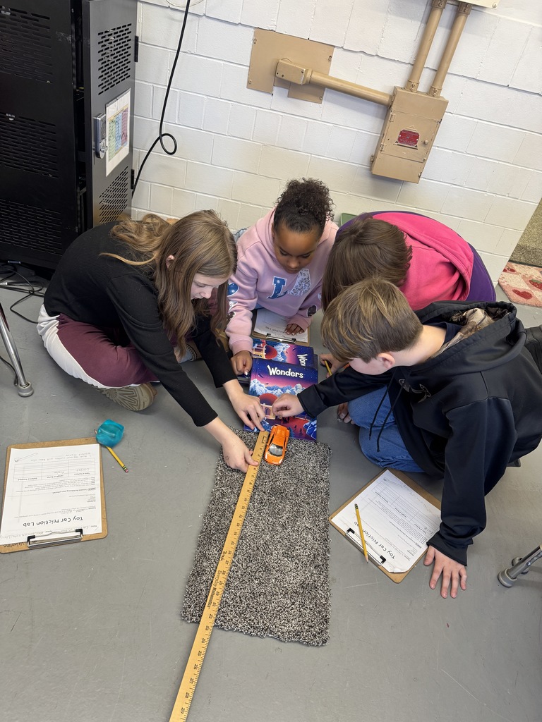 Mrs. Valentine's fifth graders have been learning about force and motion since returning from winter break.  This week they've been focused on friction, which is a force that acts against motion.  Today students started a toy car friction lab that will help them compare how different surfaces affect motion.