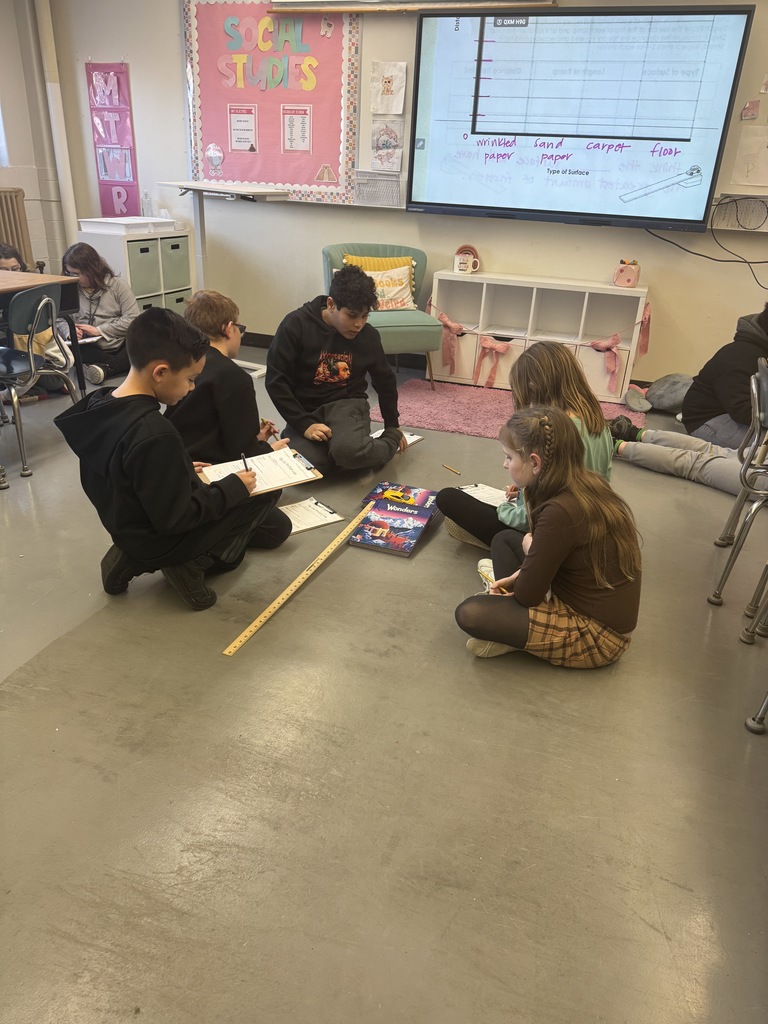 Mrs. Valentine's fifth graders have been learning about force and motion since returning from winter break.  This week they've been focused on friction, which is a force that acts against motion.  Today students started a toy car friction lab that will help them compare how different surfaces affect motion.