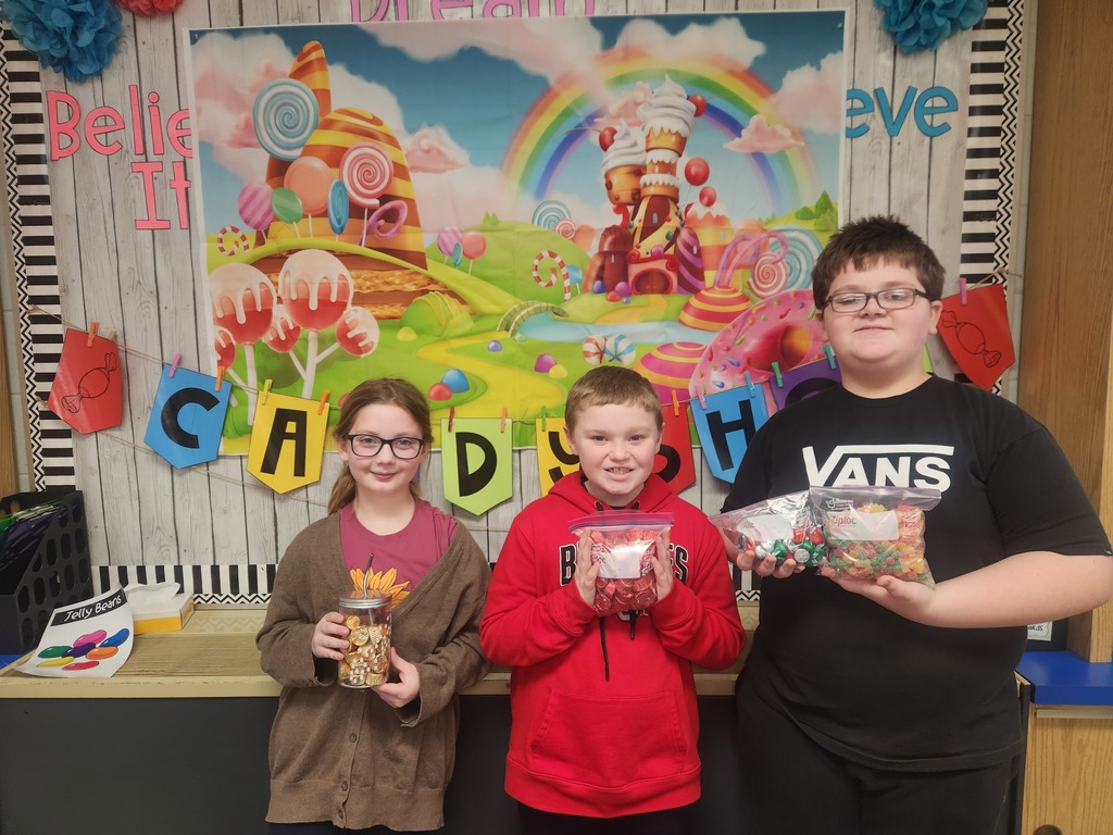 Third grade students recently completed 10 candy themed challenges in math to wrap up our chapter on rounding.  After completing the challenges, students were able to give their best "estimate" for the amount of candy in each bag. The student with the closest estimate without going over was the winner of that candy!
