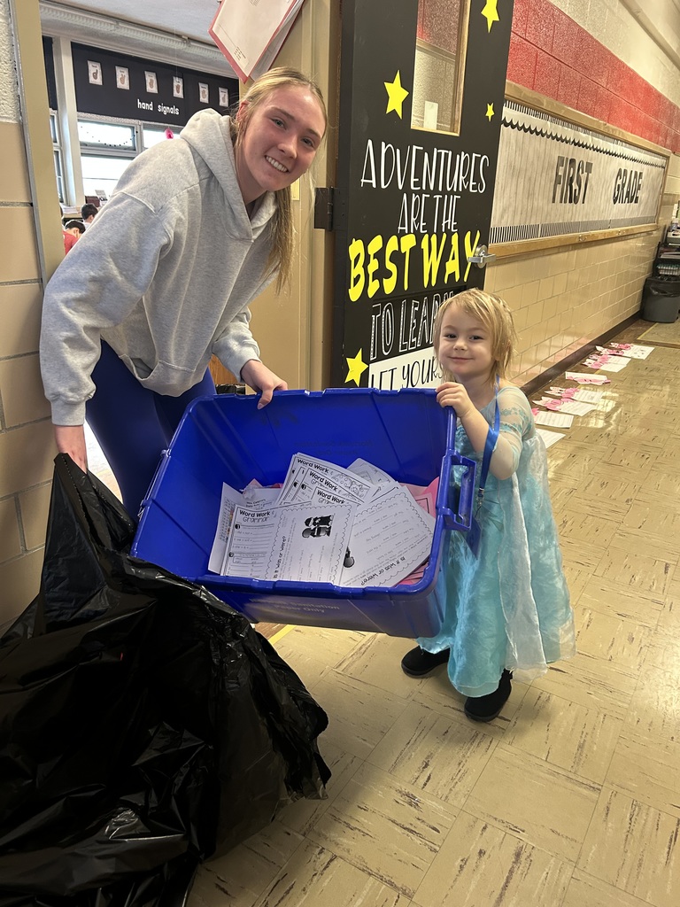 Mrs. Golden and Mrs. Lesch's preschool students are leading the school this week.  On Monday, Jensen and Lily Stower helped Mr. Moore with the announcements. On Tuesday, Dax Brown and Declan Wright helped with the announcements and Lily and Elsie Jo helped high school students Xavi and Raena collect all of the recycling. 
