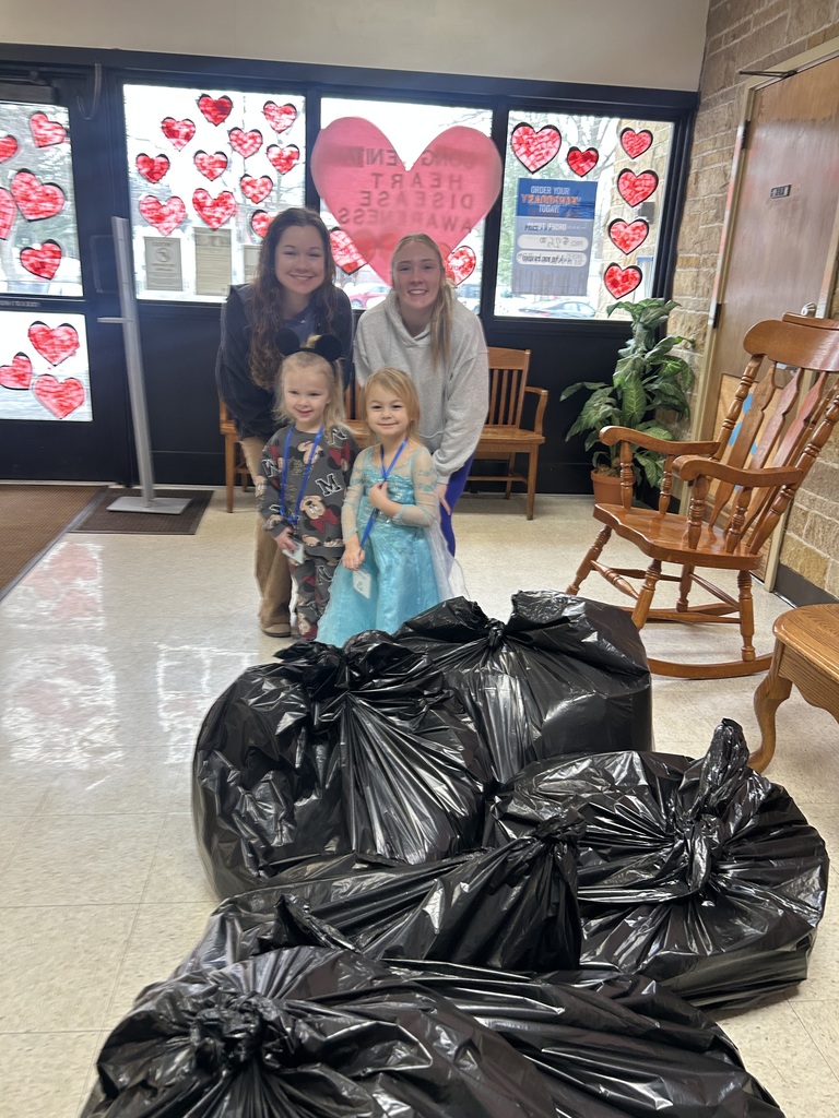 Mrs. Golden and Mrs. Lesch's preschool students are leading the school this week.  On Monday, Jensen and Lily Stower helped Mr. Moore with the announcements. On Tuesday, Dax Brown and Declan Wright helped with the announcements and Lily and Elsie Jo helped high school students Xavi and Raena collect all of the recycling. 