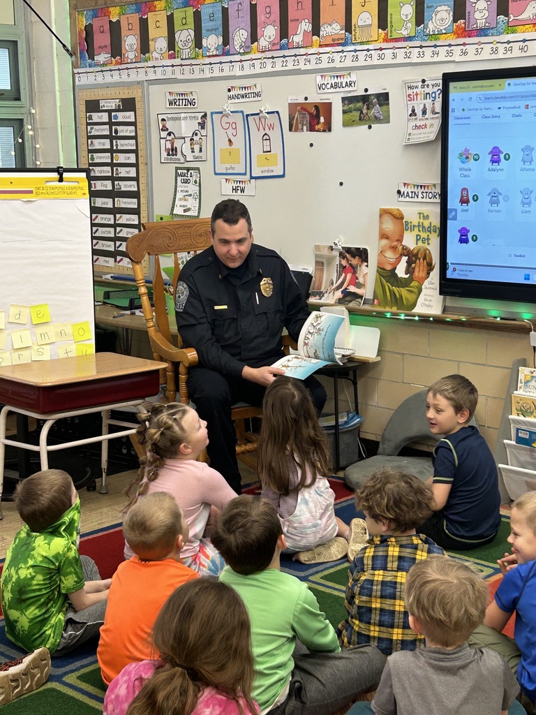 Guest readers at Maplehurst Elementary on Wednesday included: Police Chief Dahlgren, Office Mike Conney, State Trooper Alvarado, School Board member Eric Gonzales, Middle School student Ariel Roche, newspaper reporter Matt Roche and central office employee Kim McConegly.  Thank you guest readers!