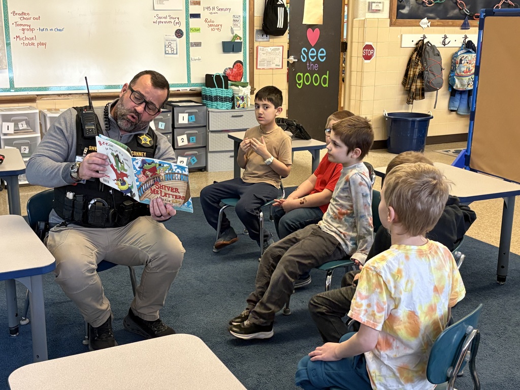 Guest readers at Maplehurst Elementary on Wednesday included: Police Chief Dahlgren, Office Mike Conney, State Trooper Alvarado, School Board member Eric Gonzales, Middle School student Ariel Roche, newspaper reporter Matt Roche and central office employee Kim McConegly.  Thank you guest readers!