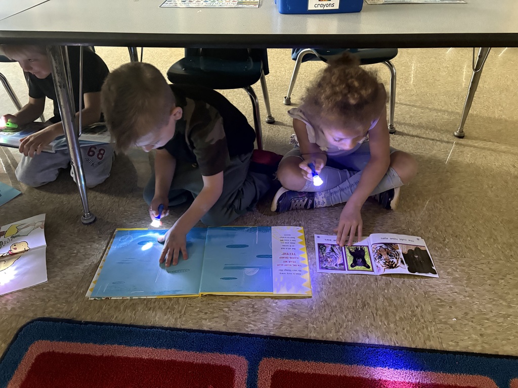 Maplehurst students in Mrs. Caitlyn Cannon's class had a very special reader from Ecuador-Ell assistant Wenddy Riems'  daughter lives there and she writes children's books.  Andrea Rivadeneira wrote the book "Lulu and Ellie:Days of Nerves".  She read this book to the first graders from Ecuador.  Miss Kaitlyn Smith's kindergarten class had a guest reader from Africa-Maddie Roche Anderson, formerly from Norwalk, read to her students on Friday.  She read a story her dad wrote when she was a child. Students had the opportunity to ask questions and learn more about Africa and Ecuador-we are grateful for these amazing opportunities.  Friday was flashlight friday and each student was given a flashlight to use to read "in the dark" in their classrooms.  Miss Kaitlyn Smith's students were caught reading under their desks.