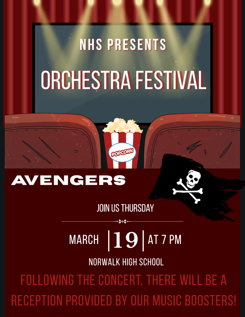 Love movies? Love movie soundtracks? The Norwalk High School Orchestras are excited to present a night of MOVIE MUSIC!!! Admission is free and all are welcome. 5th grade students and their parents are especially encouraged to attend. Check the flyer for details and see you there!!!
